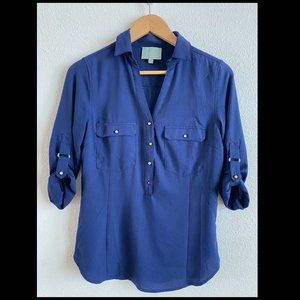 Skies are Blue button down with gold buttons